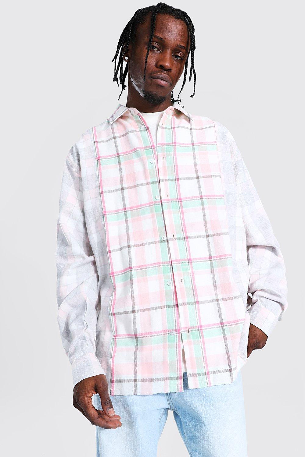 Oversized Spliced Check Shirt | boohooMAN USA